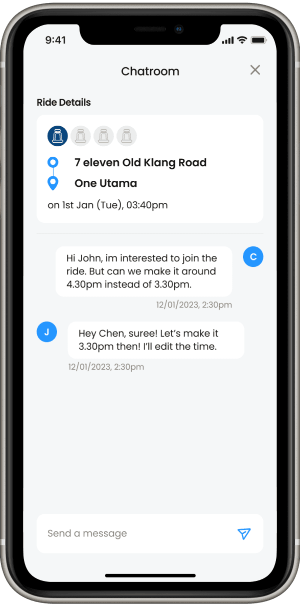 Passengers can hop into a chat to coordinate the pickup time.